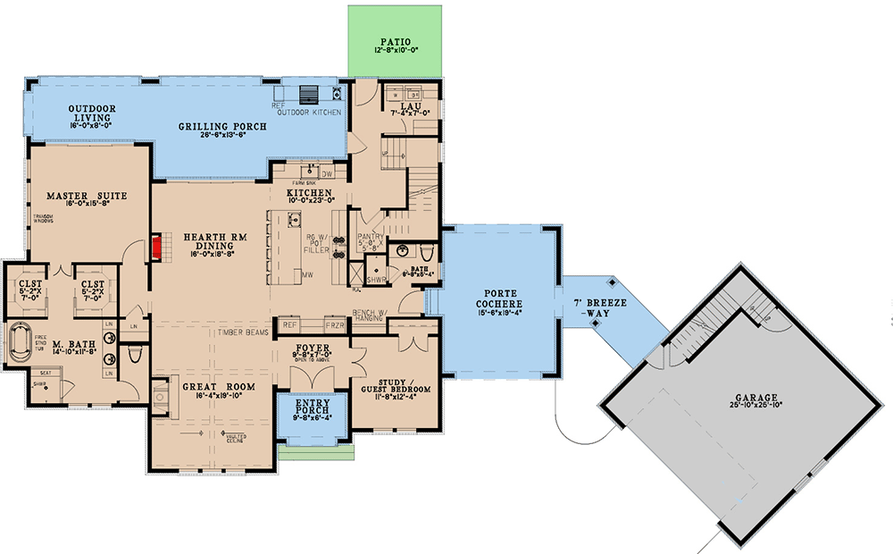 Plan 70842MK: Acadian Country-Inspired House Plan with Porte-Cochere and Detached 2-Car Garage with Bonus - Floor Plan - Main Level - Acadian, European, French Country, Louisiana-Style, Southern