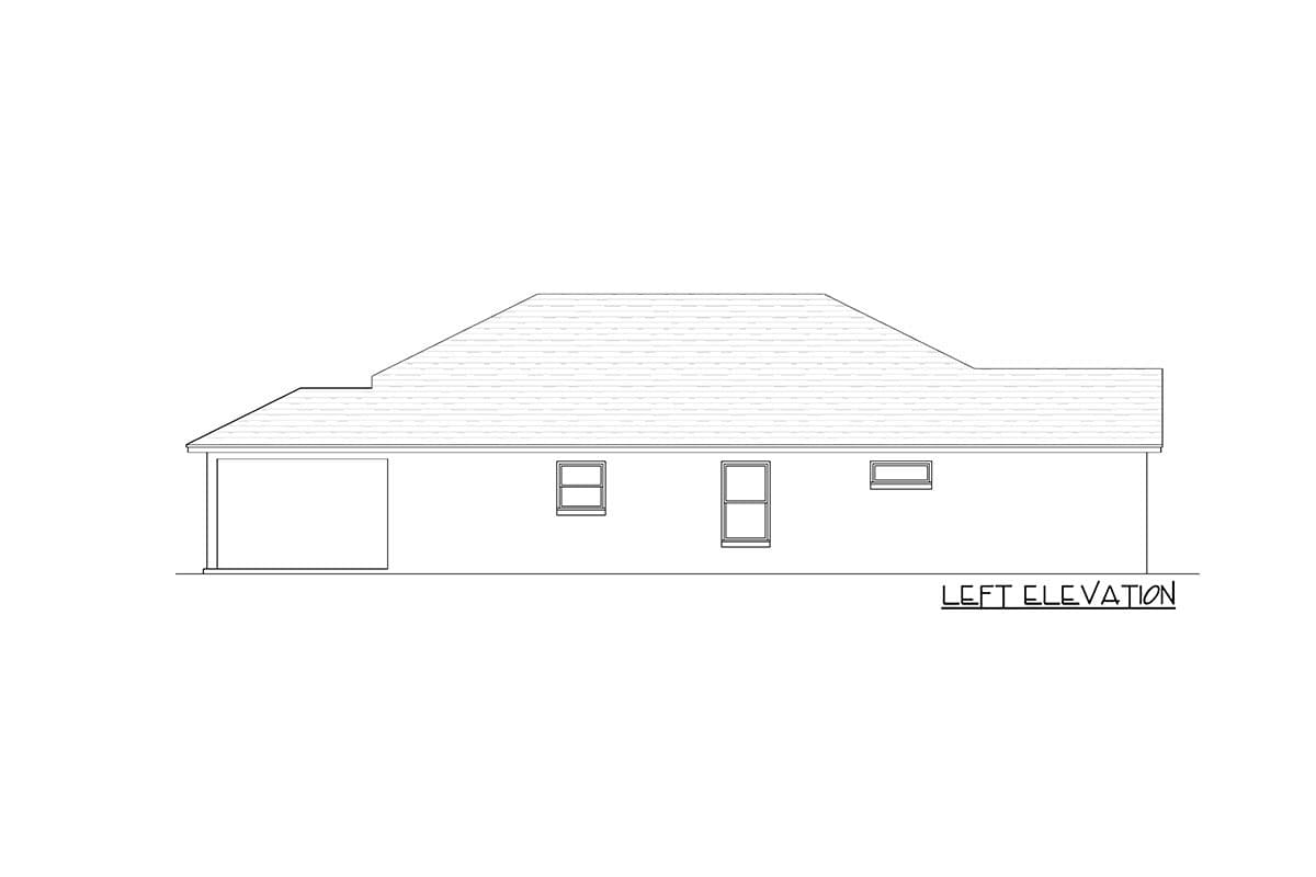 House plan left elevation showing a single-story structure with a sloped roof, attached garage, and three windows.