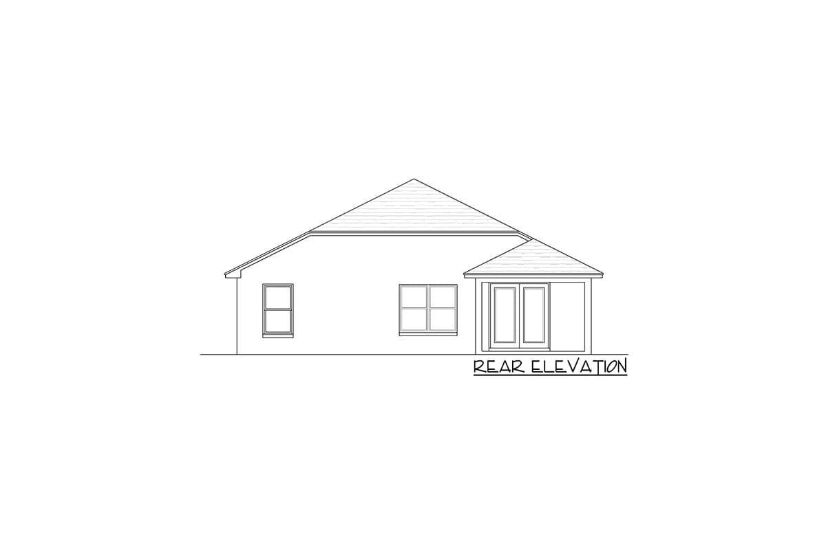 Rear elevation drawing of a house plan showing two windows and double doors on a covered porch.