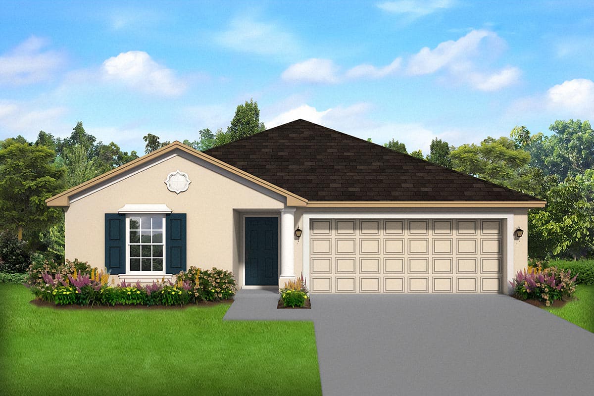 House plan exterior. Single-story home with a hipped roof, attached garage, and a decorative gable detail above a window with shutters.