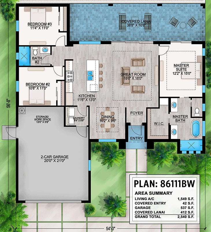 Plan 86111BW: 1-Story Coastal Contemporary Home Plan with Formal Dining Room - 1549 Sq Ft - Floor Plan - Main Level - Coastal, Coastal Contemporary, Contemporary, European, Florida-Style, Mediterranean, Ranch, Transitional
