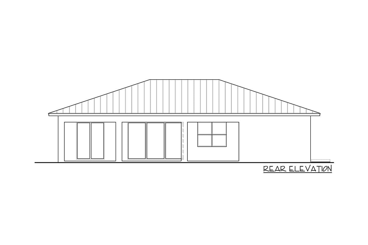 Rear elevation of a house plan, featuring a hipped roof, three large sliding glass doors, and a multi-pane window.