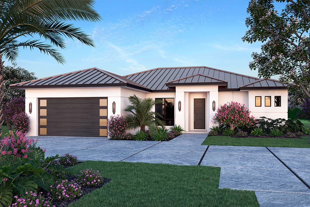 House plan exterior rendering. One-story contemporary design with a metal roof, two-car garage, and minimalist entry porch.