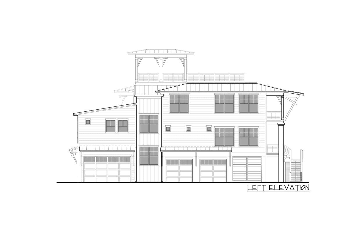 Left elevation drawing of a multi-story house plan featuring multiple garages, varied rooflines, and a rooftop deck.