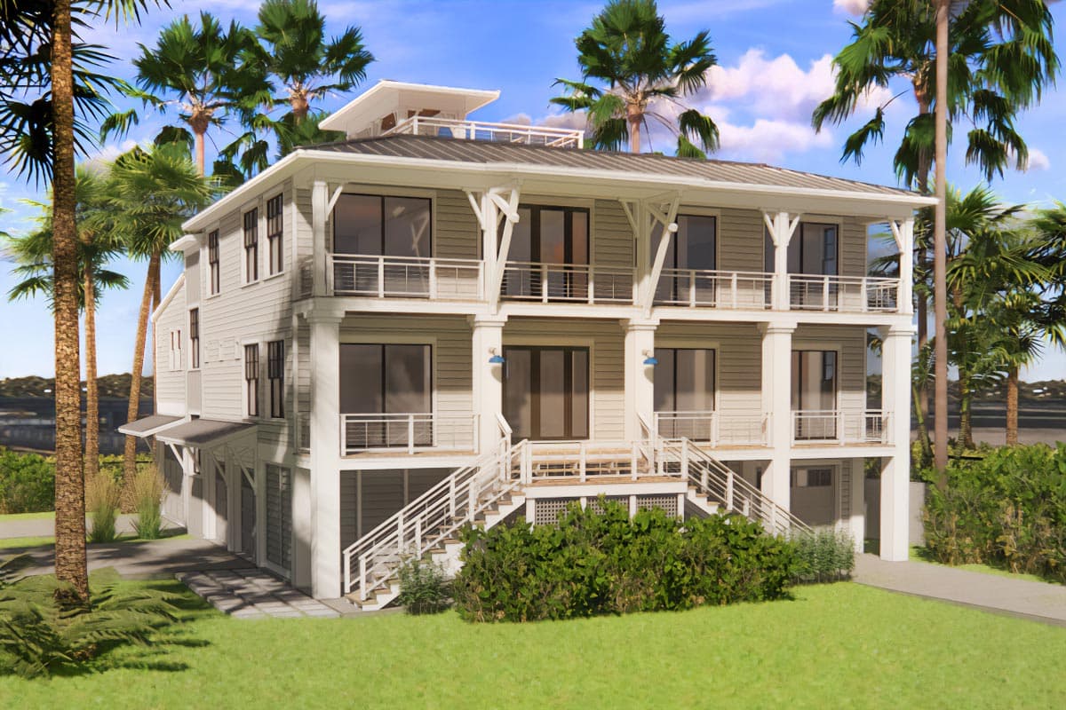 House plan exterior featuring a multi-story, coastal style home with balconies, a raised foundation, and a rooftop deck.