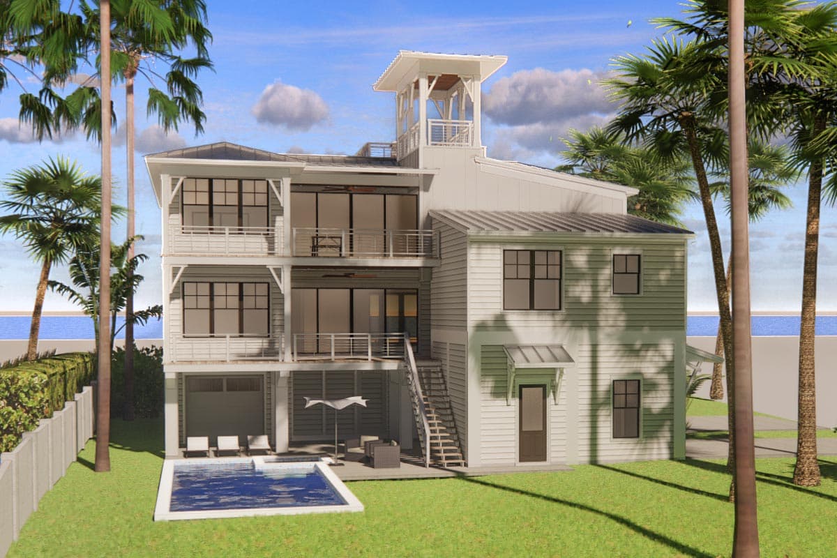 House plan exterior: three-story modern coastal home with multiple balconies, a rooftop deck, and a pool.
