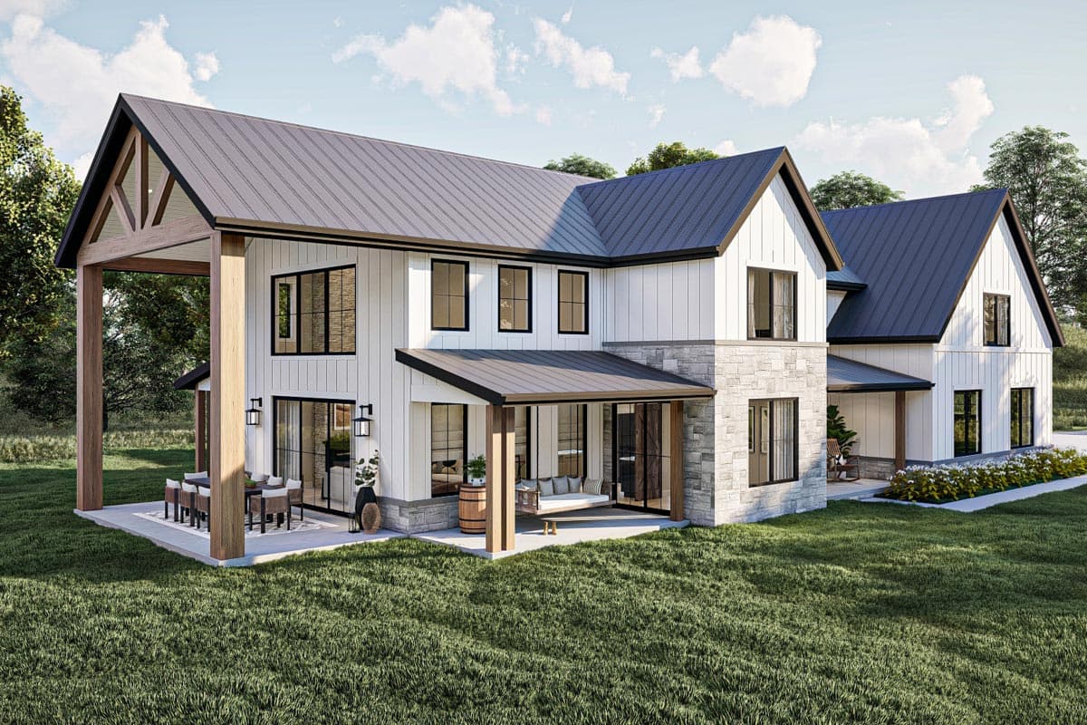 Modern Farmhouse house plan exterior with board and batten siding, stone accents, metal roof, and covered porches.