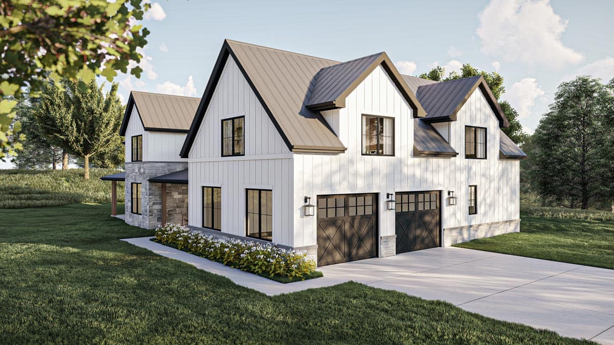 Modern Farmhouse style house plan exterior with white siding, stone accents, a metal roof, and a three-car garage.