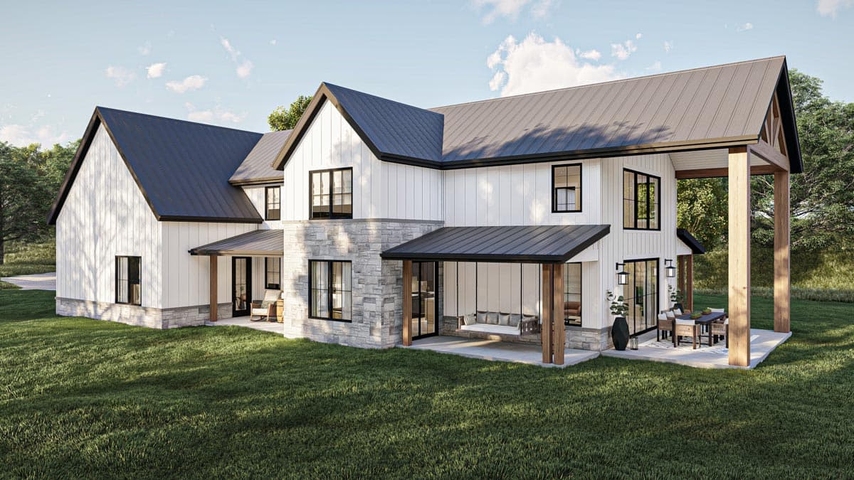 Plan 623185DJ:  Barndominium-Style Modern Farmhouse House Plan with 4-Bedrooms and Family Room Upstairs - Image #5 - Barndominium, Country, Farmhouse, Modern Farmhouse, New American