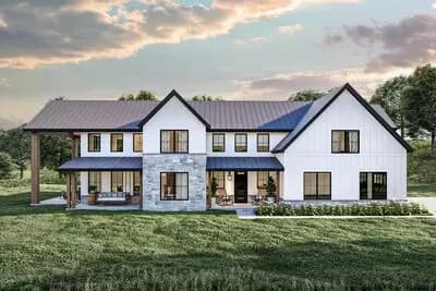  Barndominium-Style Modern Farmhouse House Plan with 4-Bedrooms and Family Room Upstairs
