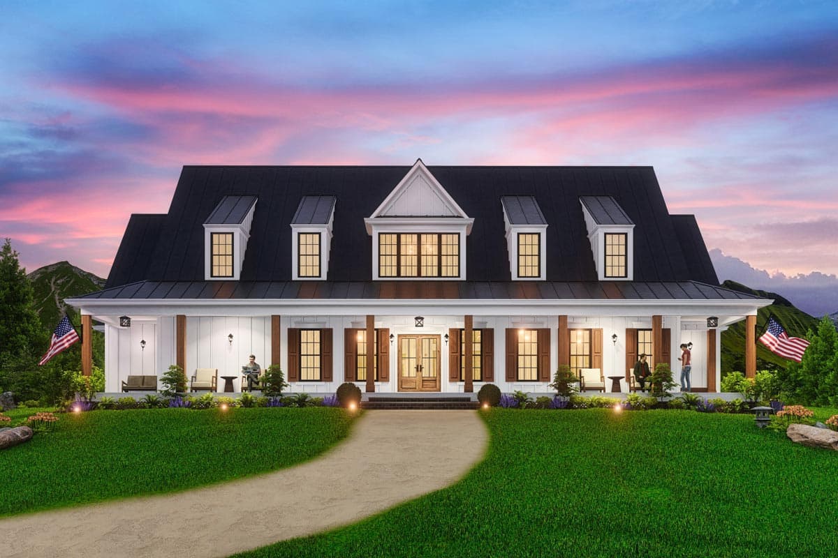 House plan exterior: Modern Farmhouse style, two stories, full-width porch, dormers, and gambrel roof.