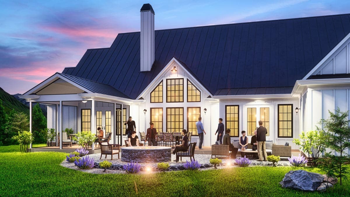 Modern Farmhouse house plan exterior with a prominent gabled section, metal roof, and covered porch.