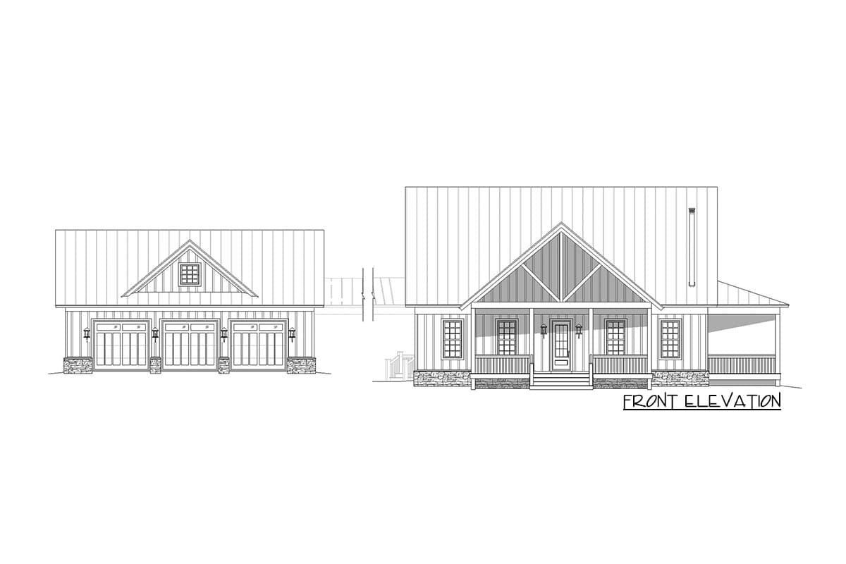 Front elevation house plan showing a Modern Farmhouse style home with a wrap-around porch, gabled roof, and attached three-car garage.