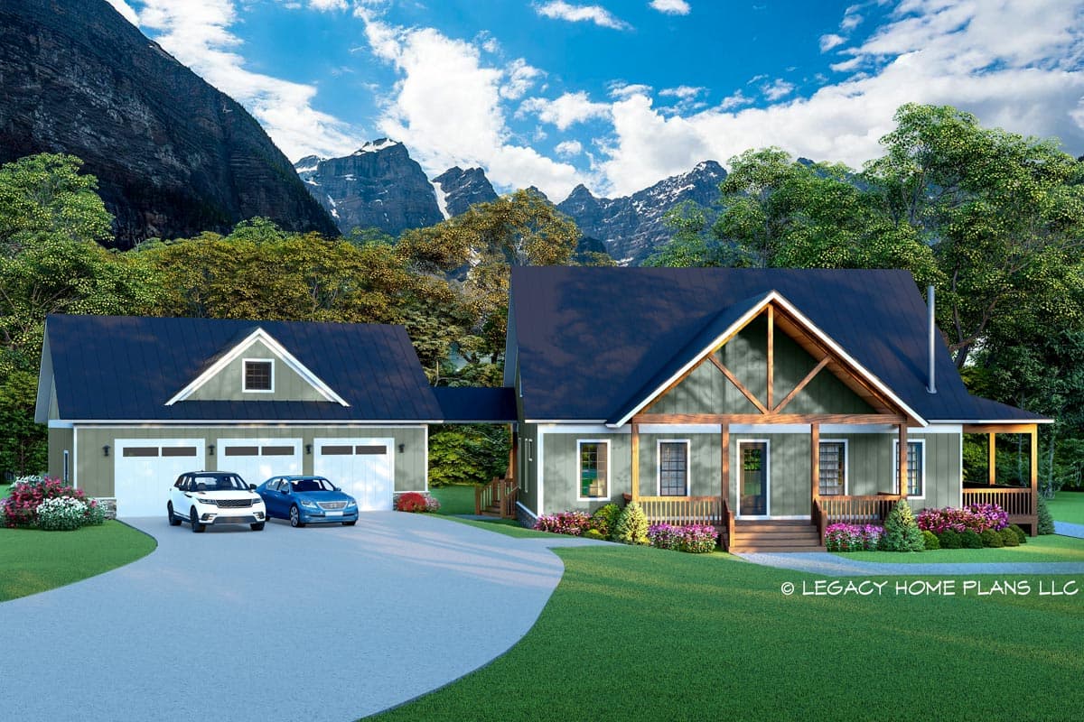 House plan exterior featuring Craftsman style with a gabled roof, a front porch, and an attached garage. Two-story structure with mountain backdrop.