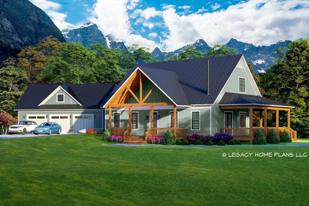 House plan exterior: Modern Farmhouse style, two-story home with a metal roof, exposed rafter tails, and wraparound porch.