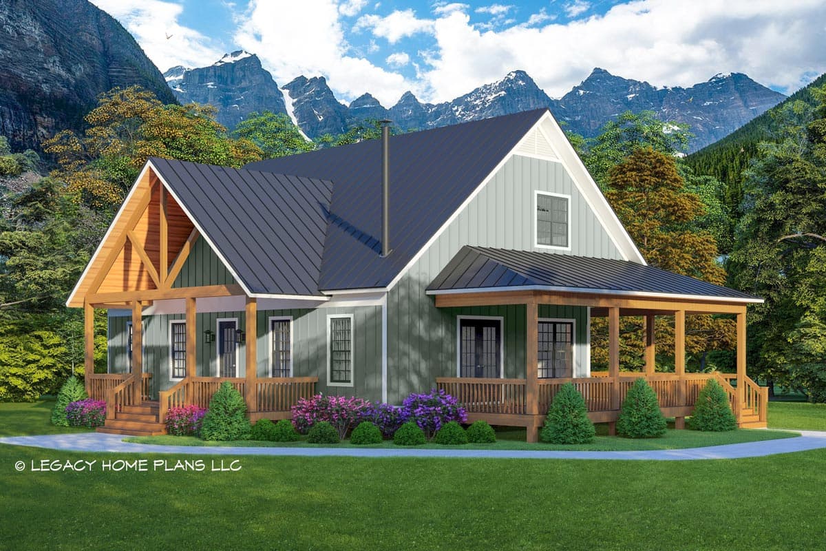 House plan exterior with two stories, a gabled roof, and a covered porch. Features include a metal roof and a dormer.