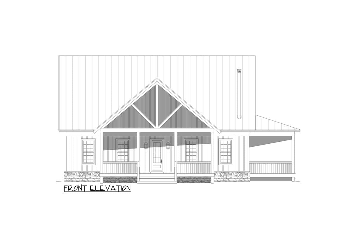 Front elevation house plan with a covered front porch, stone base, gabled roofline, and multiple windows.