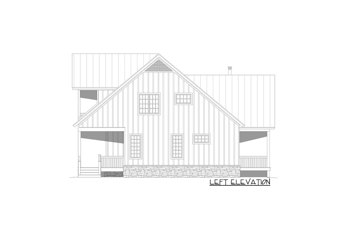 Left elevation drawing of a two-story house plan featuring vertical siding, gables, multiple windows, and a stone foundation.