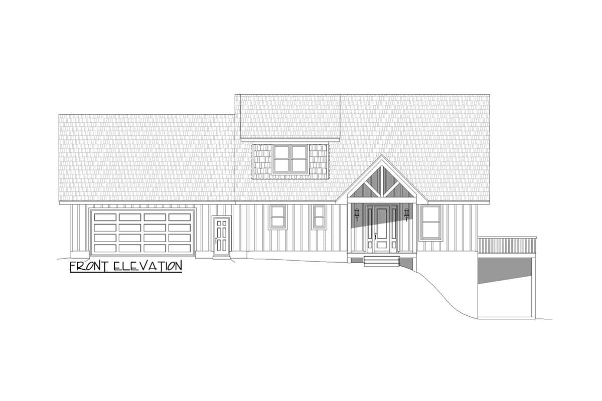 Front elevation drawing of a two-story house plan with a gabled entry, multi-car garage, and side deck.