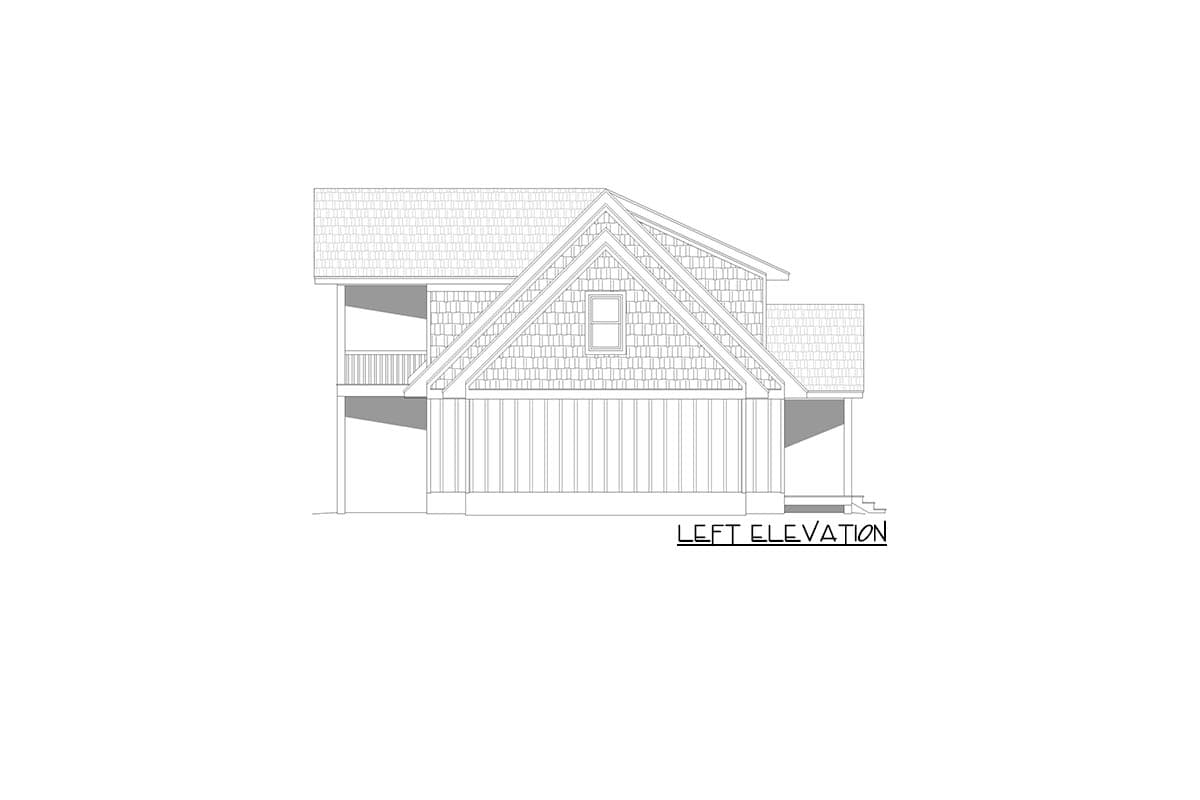 House plan left elevation with gable, shingled siding, and covered porch with columns.