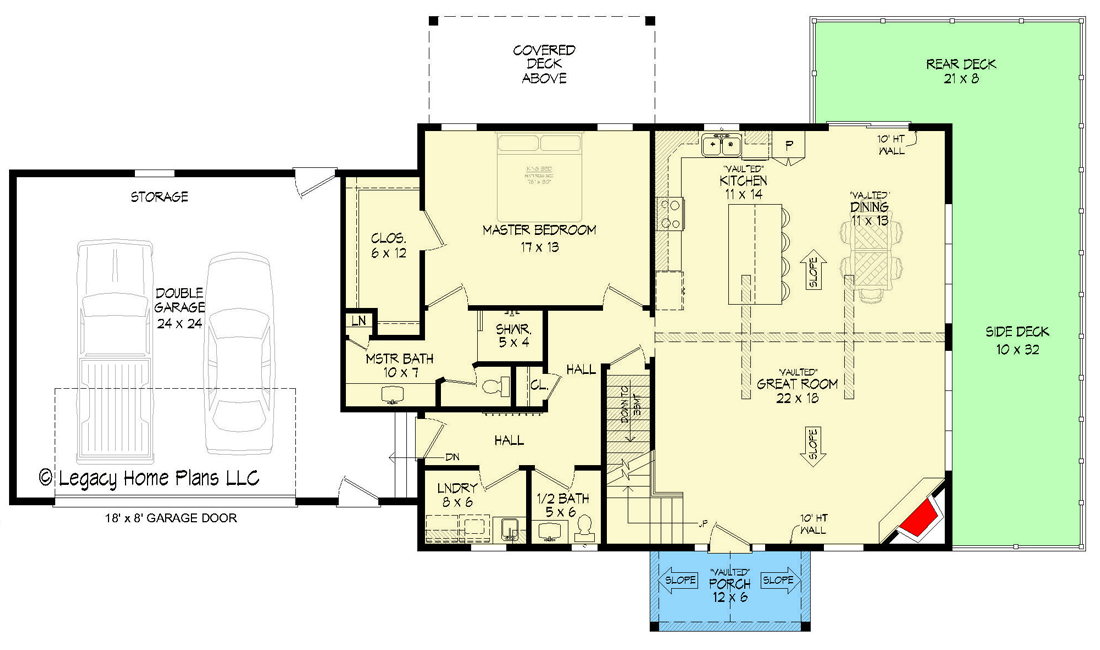 Plan 680069VR: 3-Bedroom Craftsman Cottage House Plan for Side Sloping Lot - Floor Plan - Main Level - Cottage, Country, Craftsman, Mountain, Rustic, Traditional