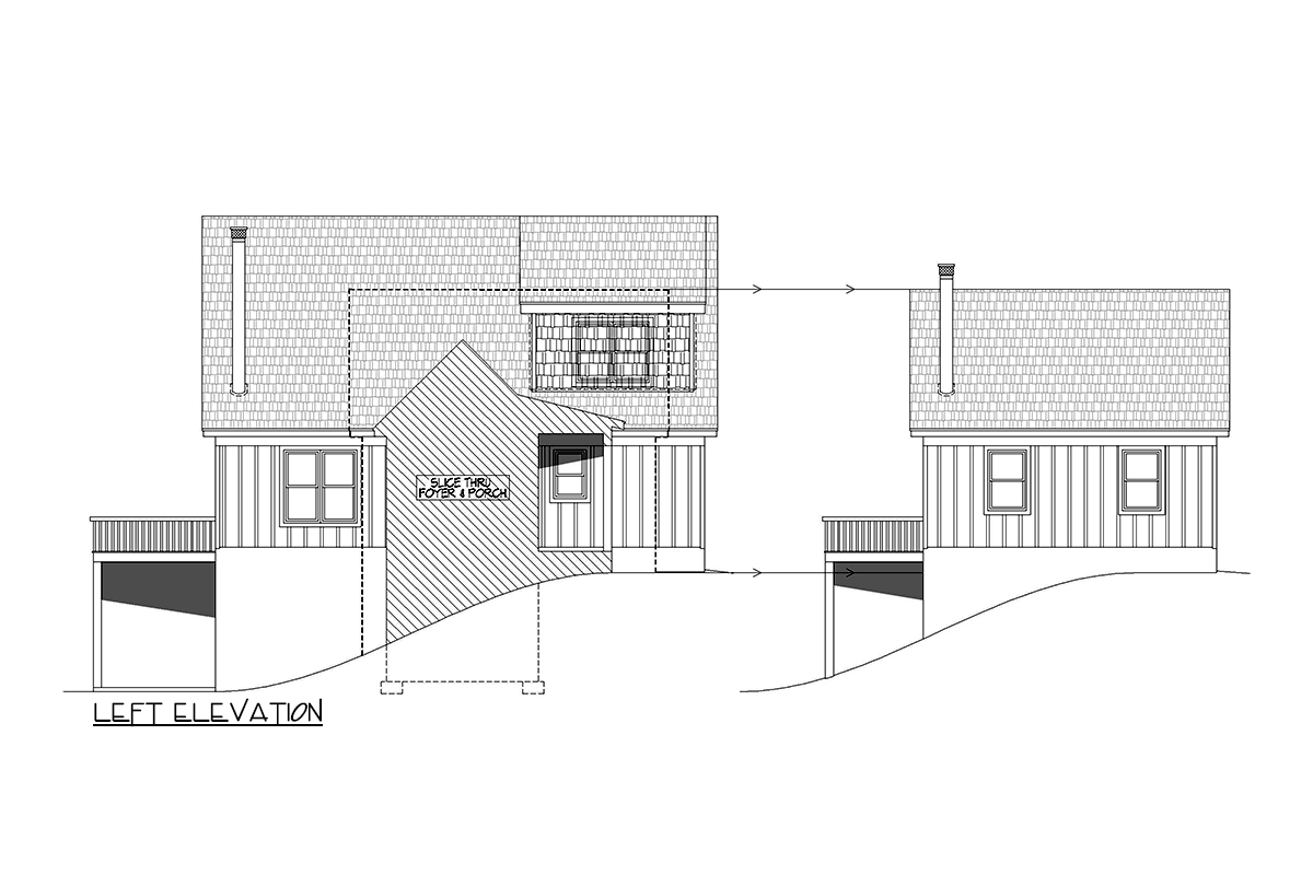 Left elevation house plan showing a split-level structure with a side-thru foyer and porch, dormer, and deck.