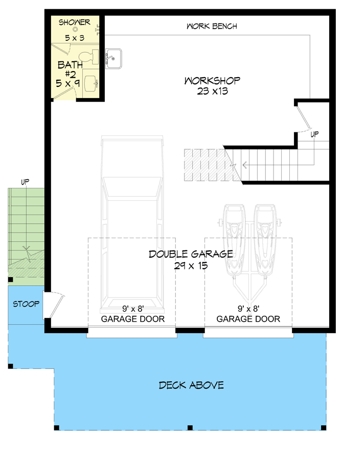 Plan 680071VR: 1000 Square Foot Contemporary Lake House Plan with Lower Level Workshop - Floor Plan - Ground Level - Contemporary, Mid Century Modern, Modern, Mountain, Rustic, Vacation