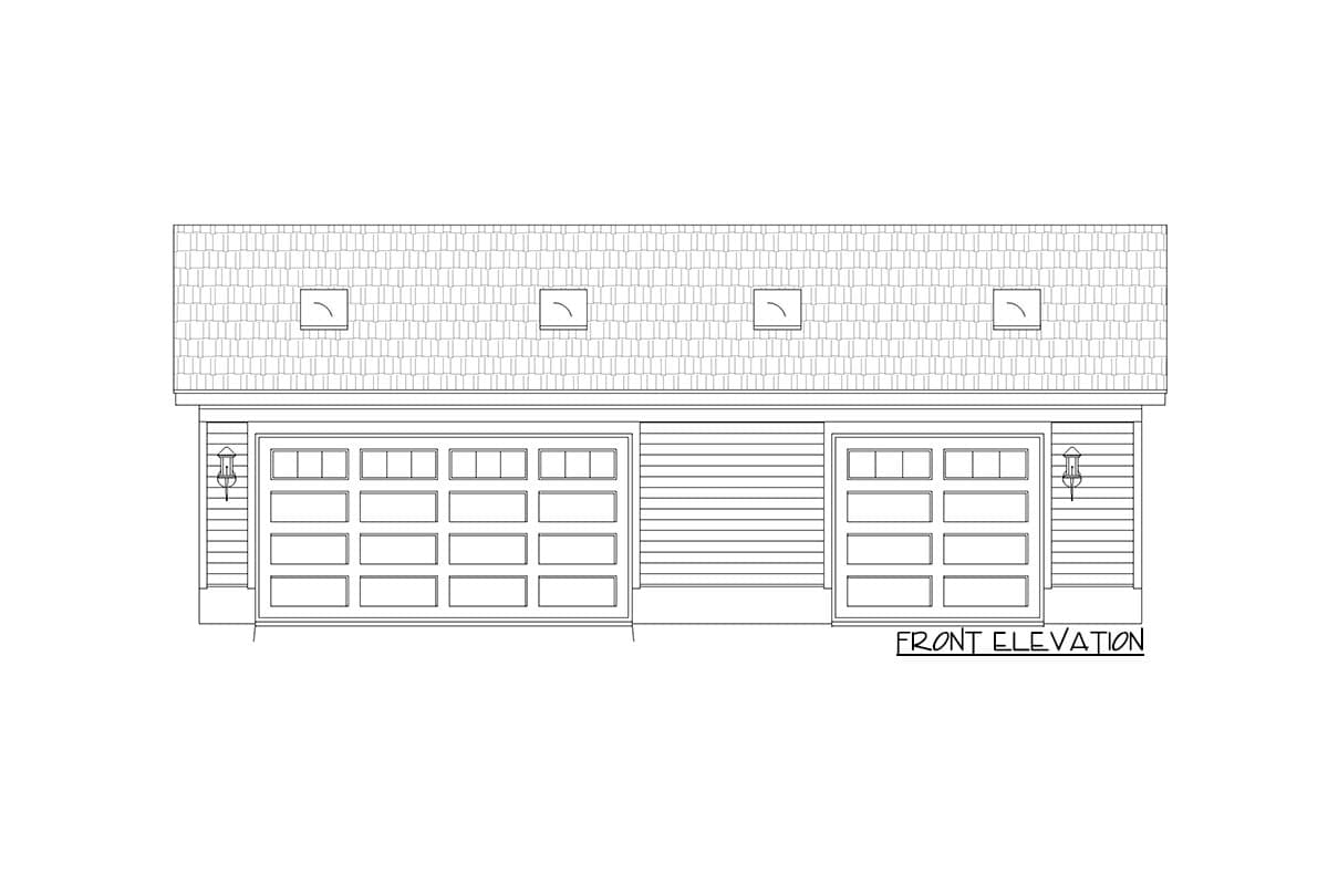 Front elevation drawing of a garage with two double-door bays and one single-door bay, dormers, and exterior lighting.