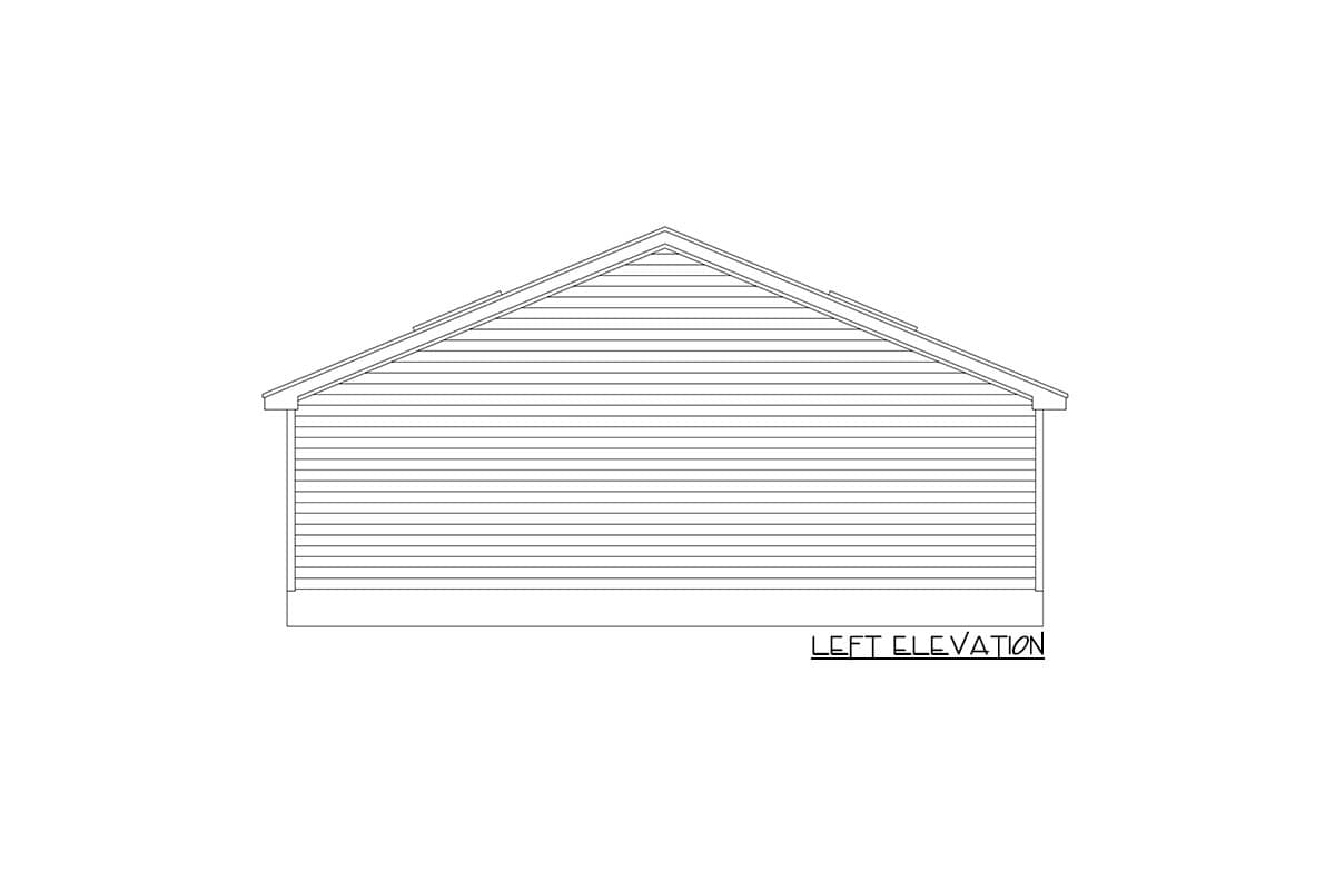 Left elevation drawing of a house plan, showing horizontal siding and a gable roof.