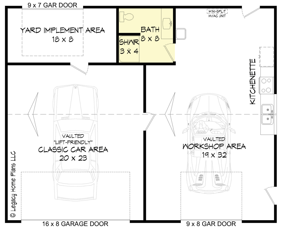 Plan 680073VR: Lift-Friendly 2-Car Garage with Separate Workshop with Bath and Kitchenette - Floor Plan - Main Level - Traditional