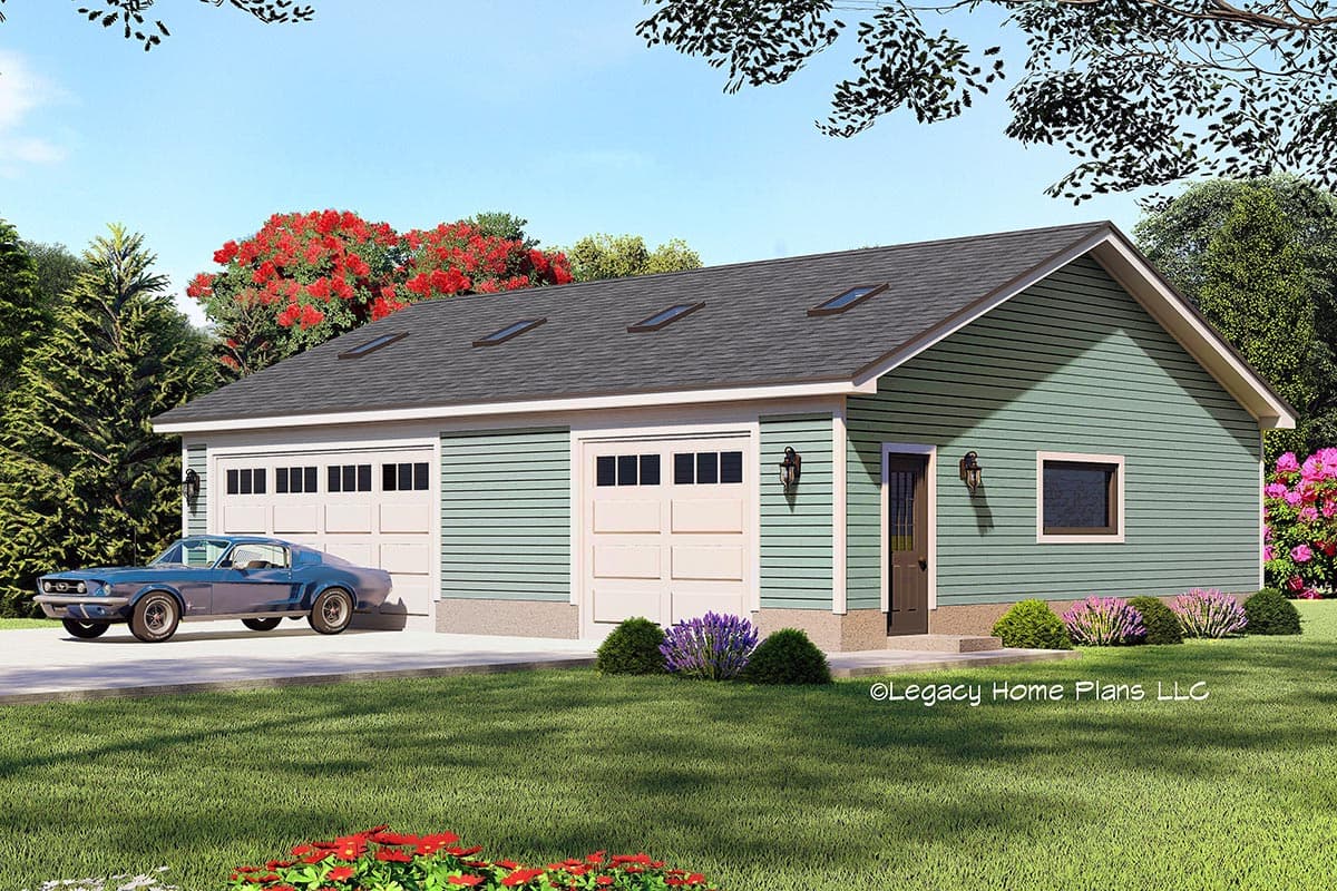 House plan exterior with two-car garage. Features include dormers, gabled roof, and light fixtures. Horizontal siding in a light green hue.