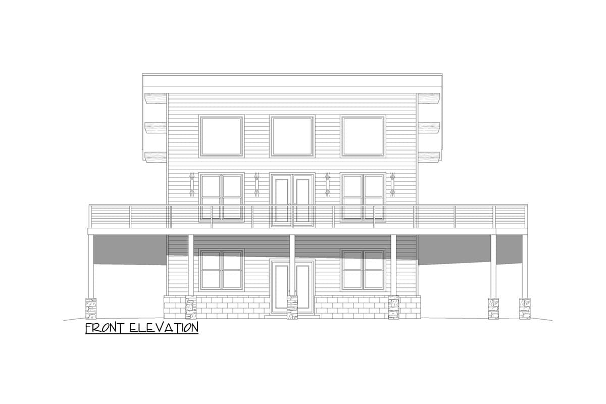 Front elevation drawing of a two-story house with a deck, horizontal siding, and multiple windows.
