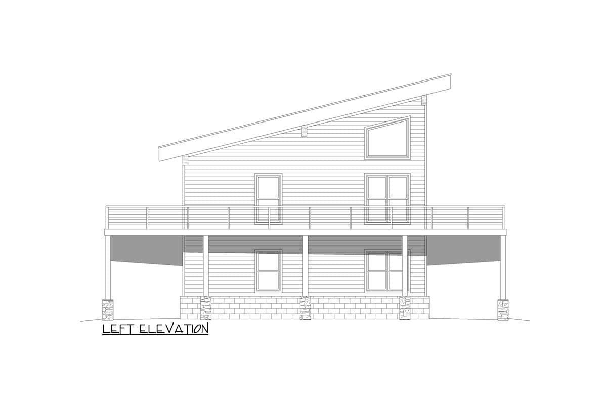 Left elevation house plan with a prominent sloping roof, a full-width deck, and a lower level supported by stone-clad piers.