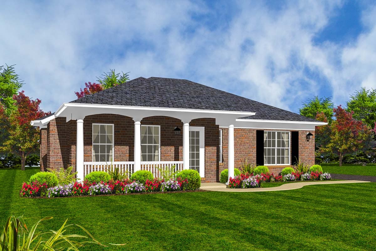 House plan exterior: single-story brick home with a covered front porch supported by columns, white railing, and multi-pane windows.