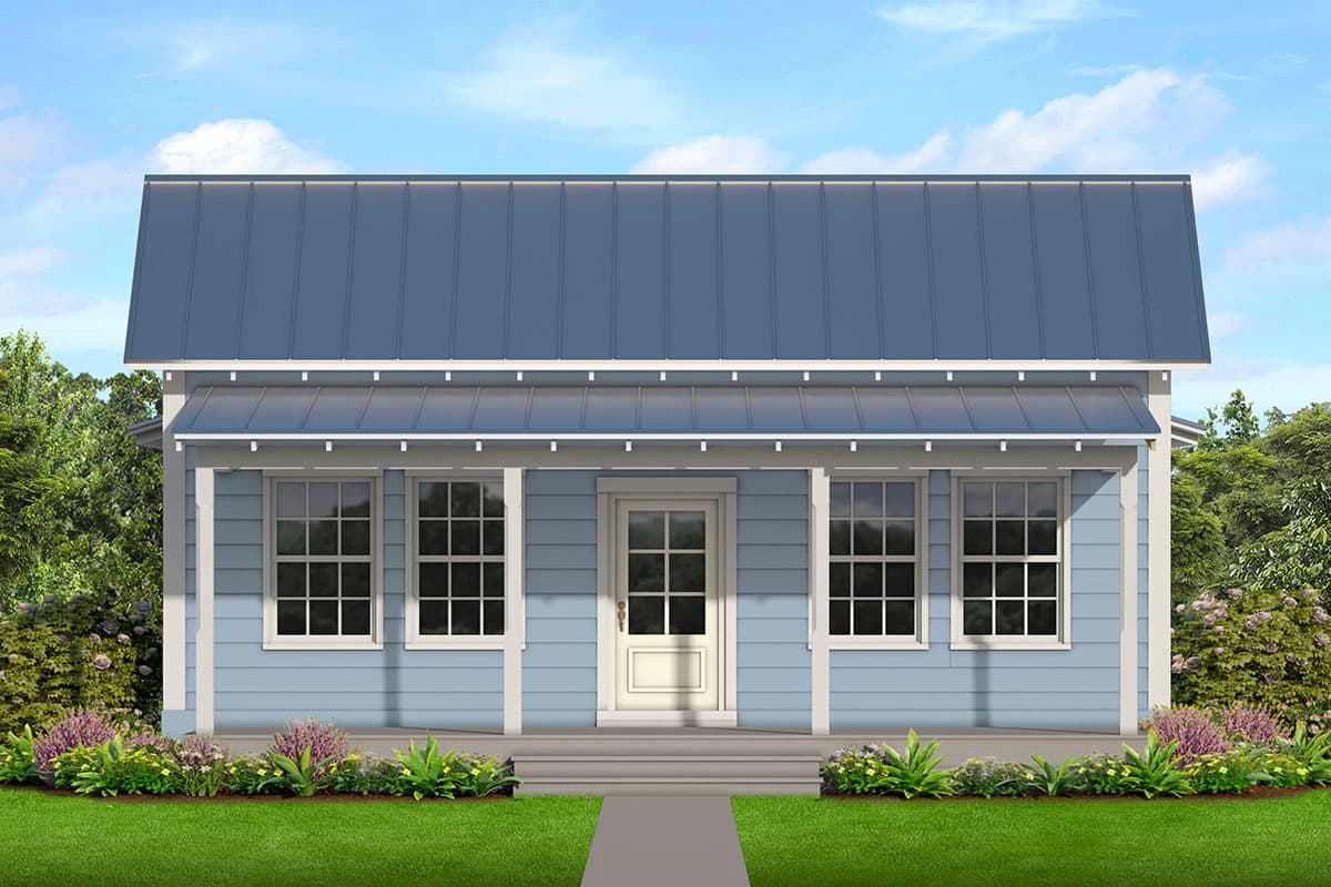 House plan exterior. One-story Cottage style with a metal roof and a covered porch. Features include symmetrical windows and a central entry door.