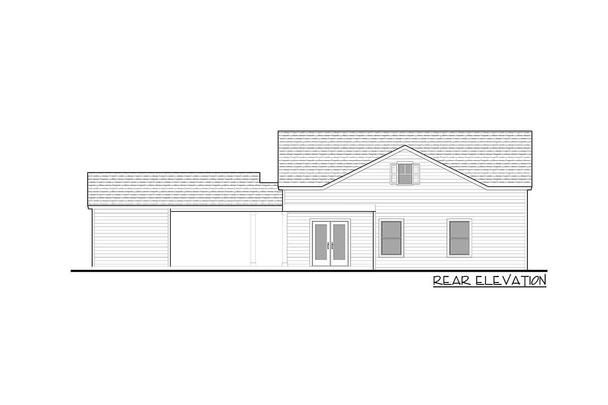 Rear elevation drawing of a house plan featuring a gabled roof, dormer, double doors, and a covered porch adjacent to a garage.