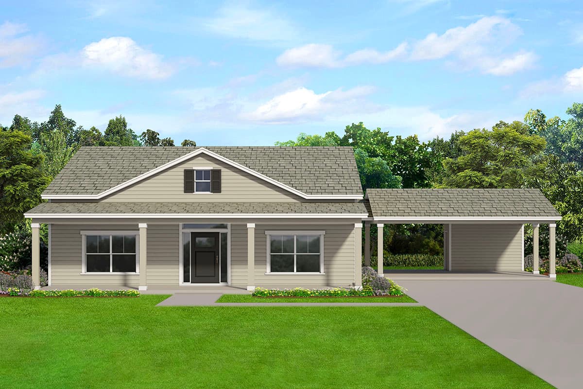 House plan exterior with gable roof, covered porch, and attached carport. Features a dormer and multiple windows. One story house.
