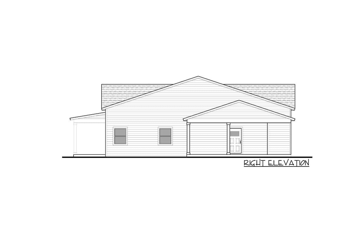 Right elevation drawing of a single-story house with a gable roof, porch, and two windows.
