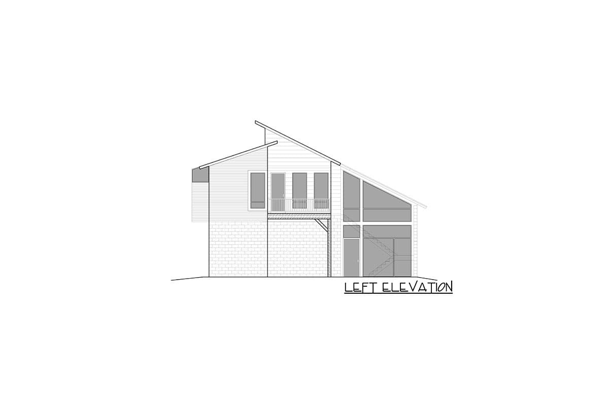 Left elevation drawing of a two-story house with a pitched roof, balcony, and large windows.