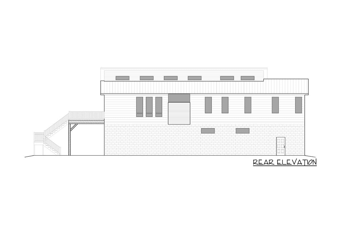 Rear elevation drawing of house plan, showing two stories, brick base, siding, multiple windows, and covered outdoor area with stairs.