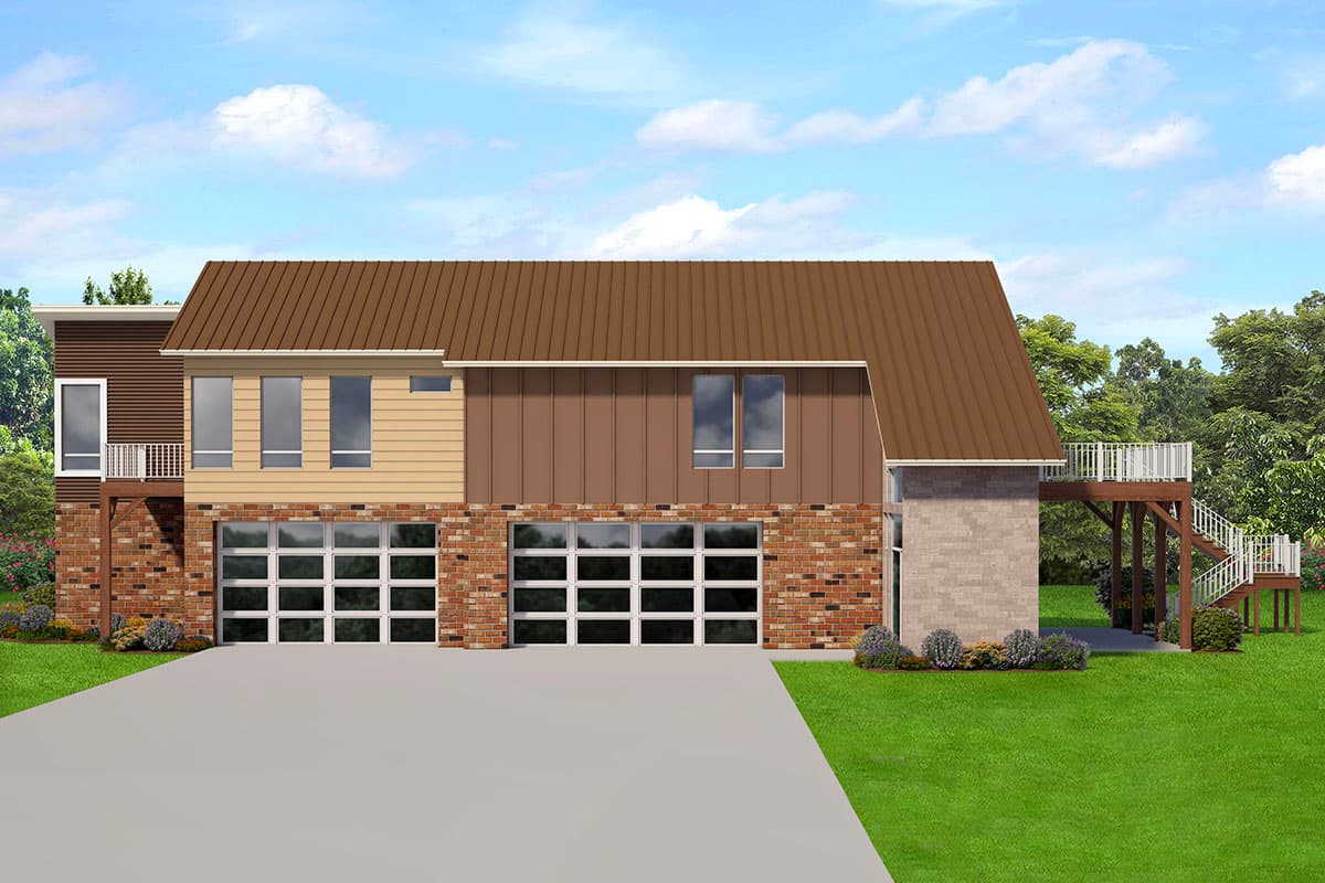House plan exterior with two stories, a metal gable roof, attached garage, and a raised deck with stairs.