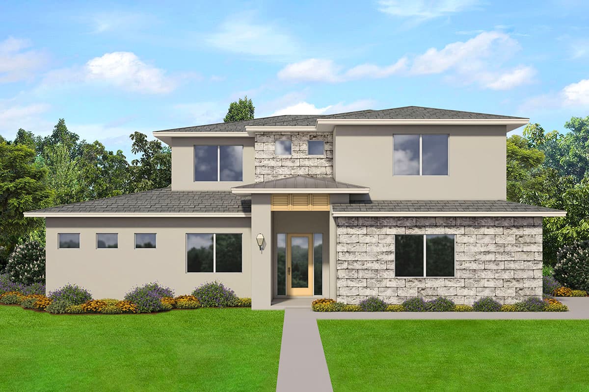 House plan exterior. Two-story modern style home with flat roof, stone facade accents, and a covered entry porch.