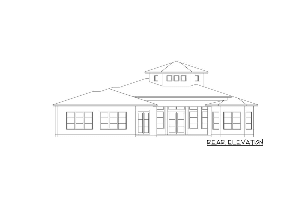 Rear elevation drawing of a single-story house with a hipped roof, central covered porch with columns, and multiple grid windows.