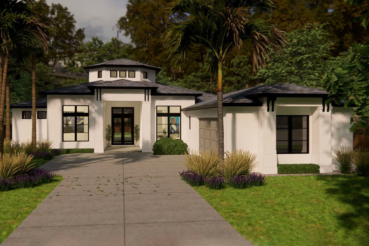 Modern house plan exterior with white stucco, dark trim, flat roof, large windows, porte-cochère, and attached garage.