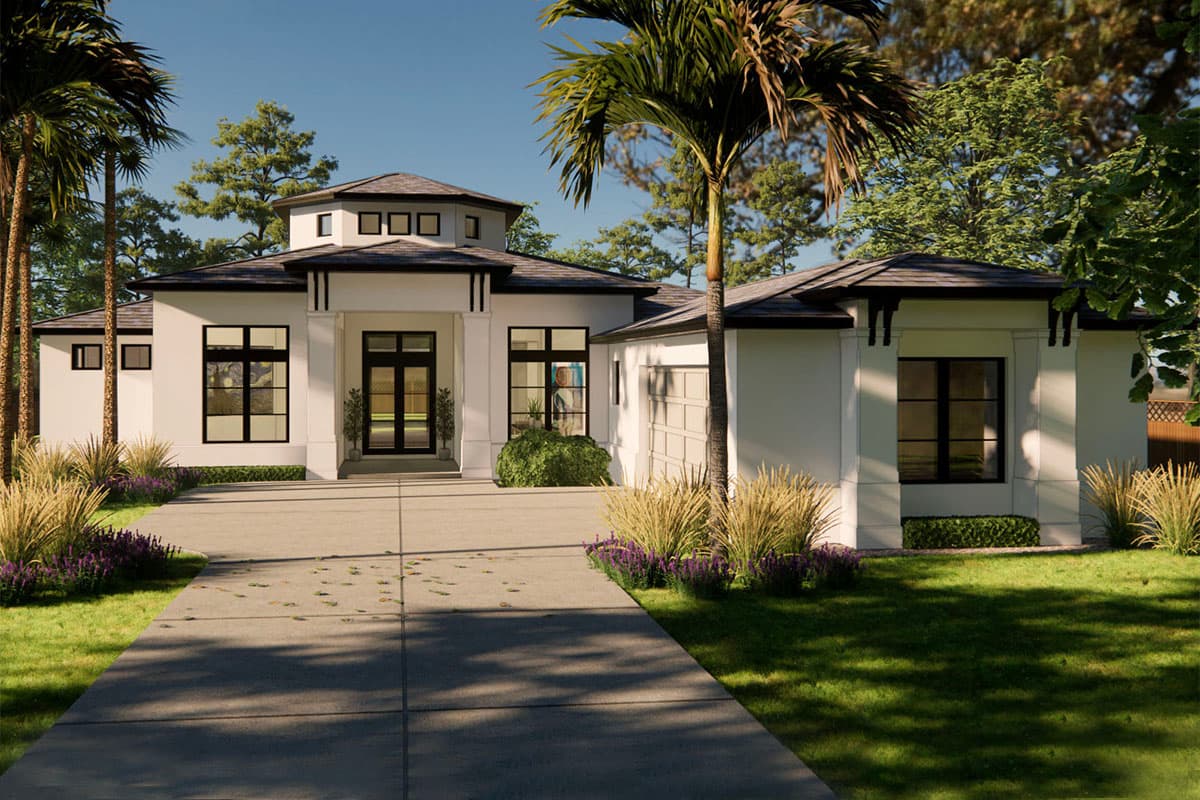 House plan exterior. Modern, one-story home with a portico entry, flat roof, and attached garage. Includes large windows and a circular cupola.