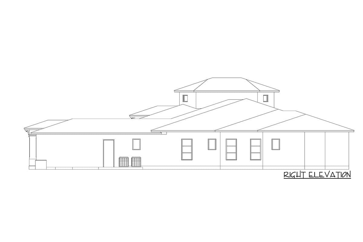 Right elevation of a house plan featuring multiple rooflines, a covered porch, a door, windows, and HVAC units.