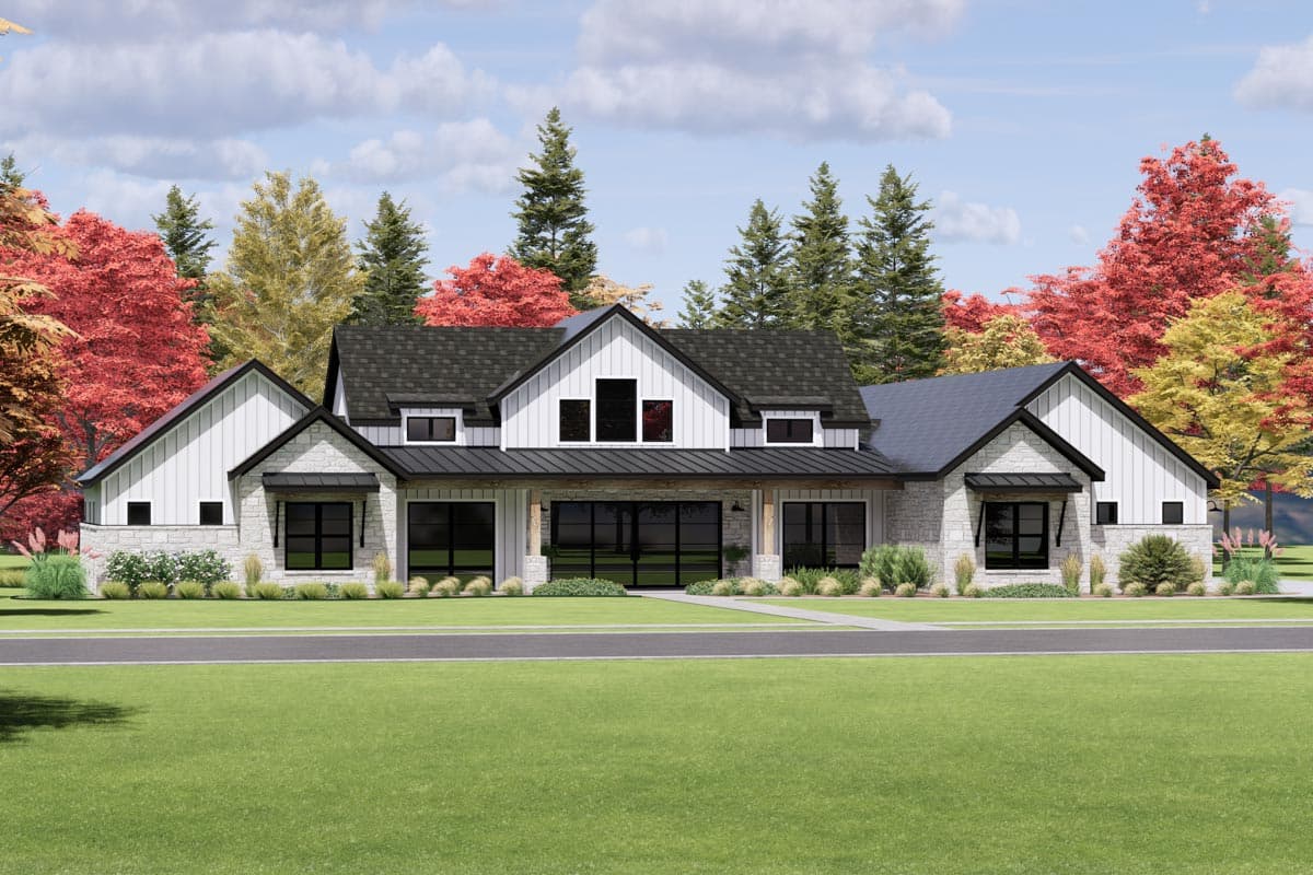 Modern Farmhouse style house plan exterior with stone and board-and-batten siding, gables, dormers, and metal roof.