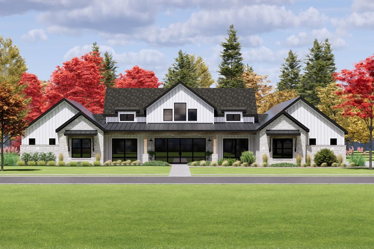 House plan exterior: Modern Farmhouse style, two stories, gable roofs, stone and vertical siding, large windows, covered entrance.