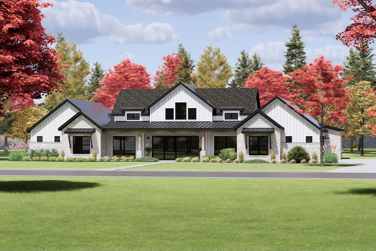 Modern Farmhouse house plan exterior with stone accents, multiple gables, dormers, and a covered front porch.