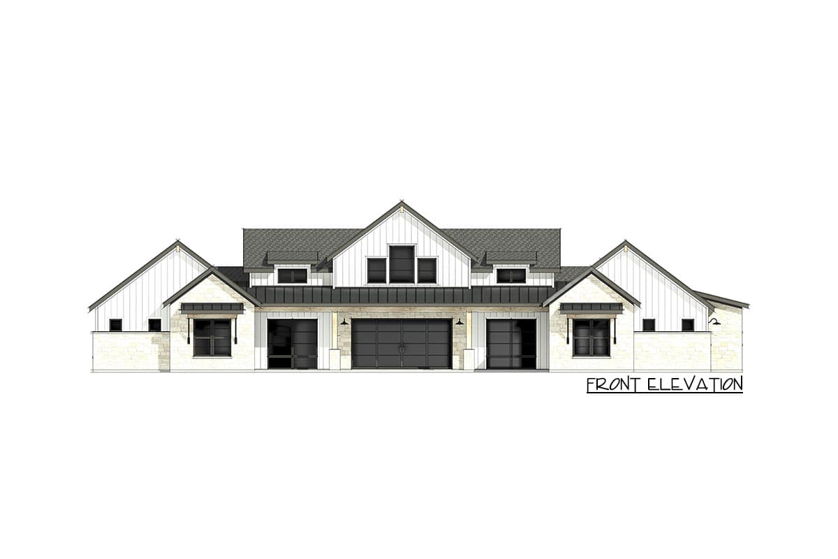 Front elevation of a Modern Farmhouse plan with a three-car garage, board-and-batten siding, and stone accents.